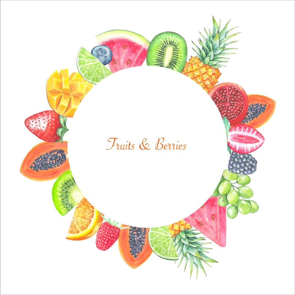 Round frame of various fruits and berries isolated on white background vector