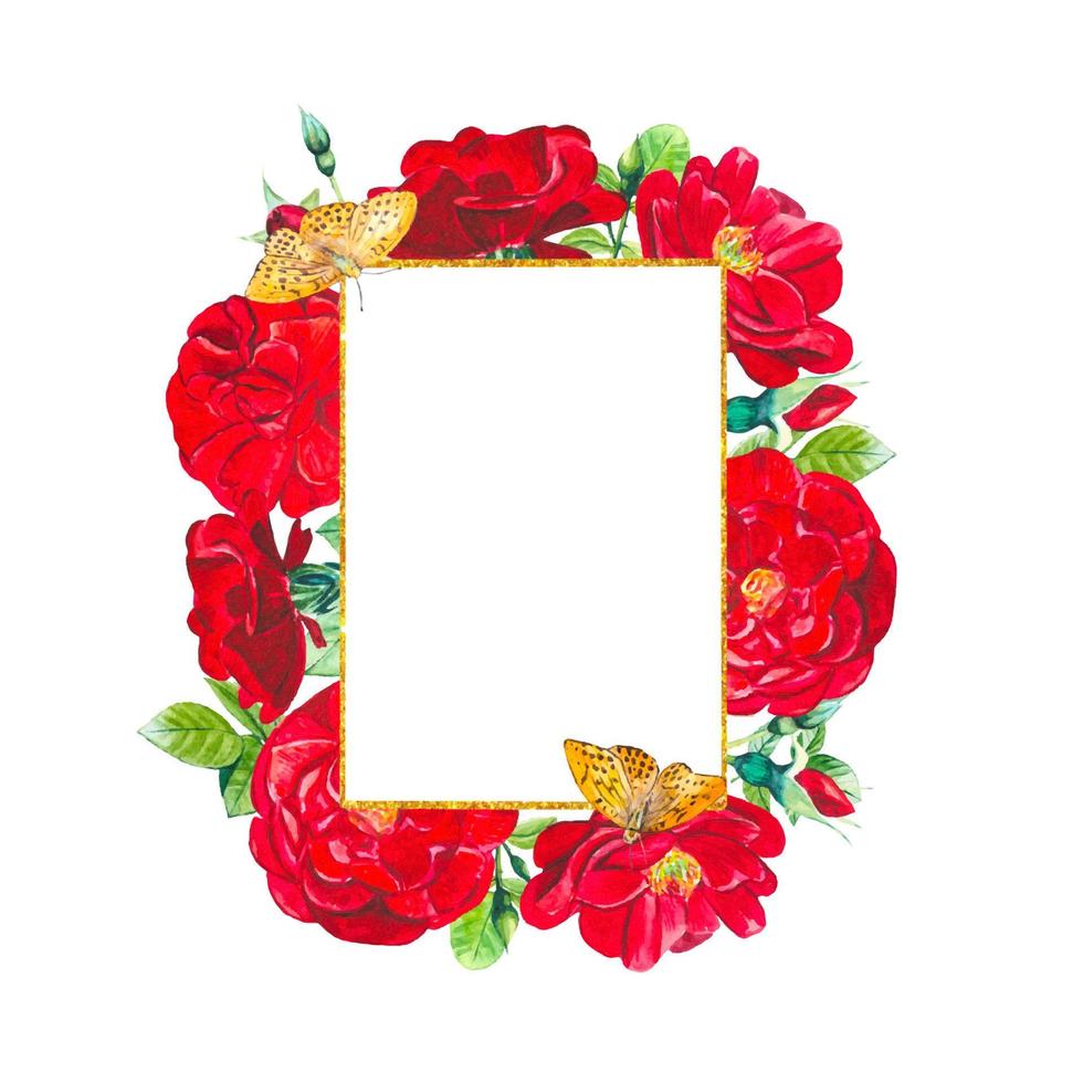 Floral frame with red garden roses and leaves. watercolor vector