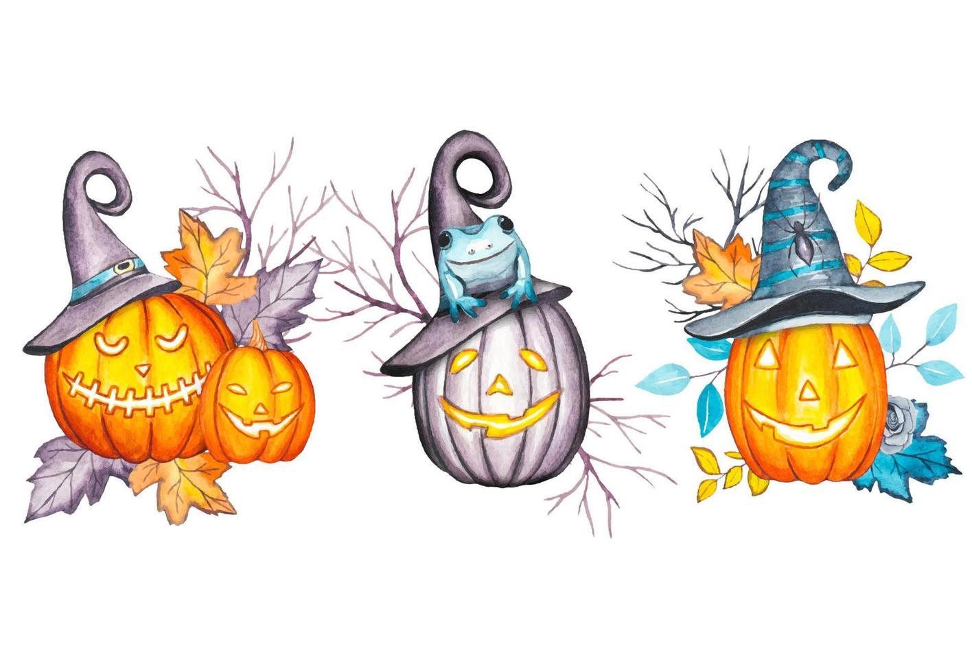 Set of watercolor pumpkins for halloween vector