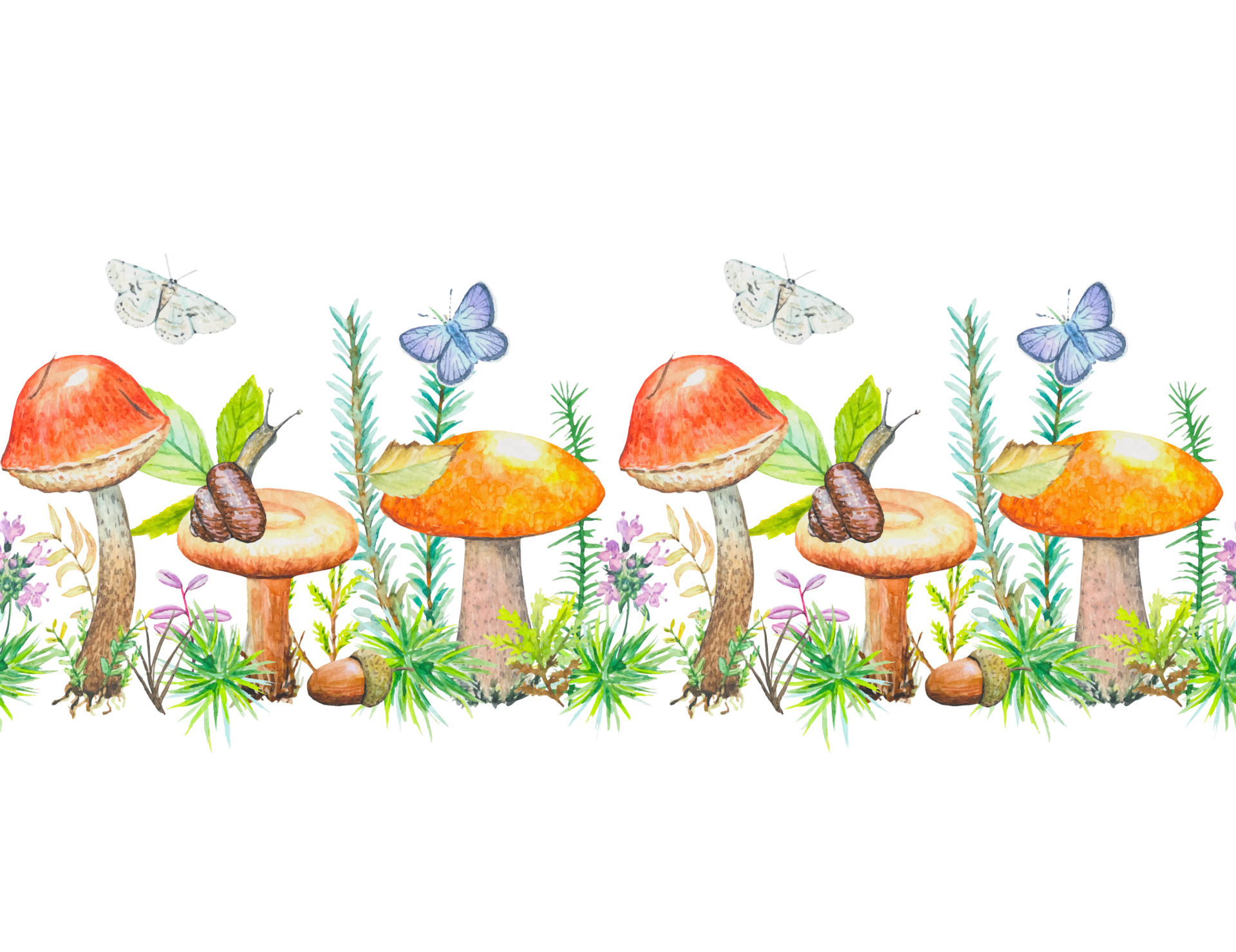 Seamless border with mushrooms, grass and berries, watercolor 11351779