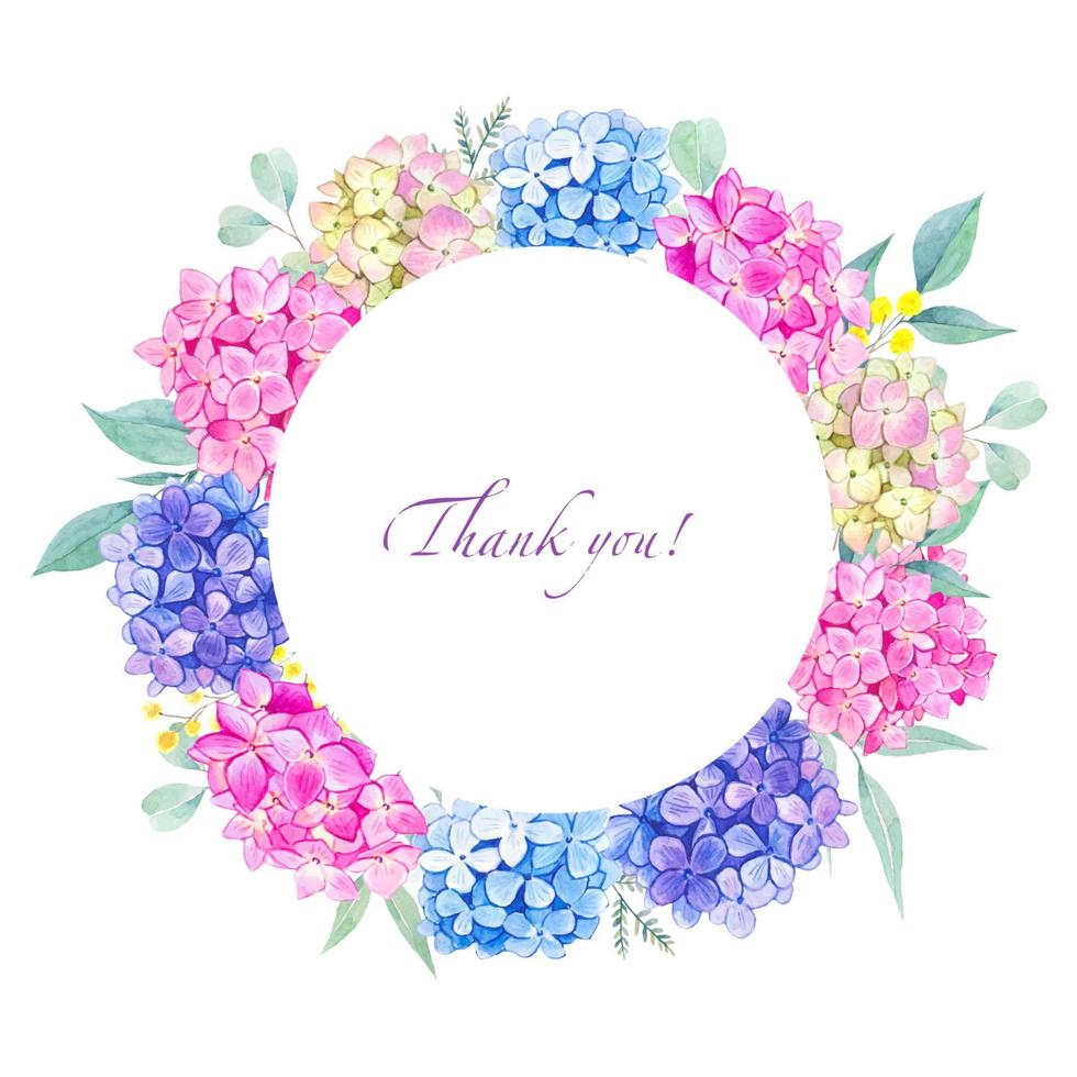 Floral wreath with colorful hydrangeas, watercolor illustration vector