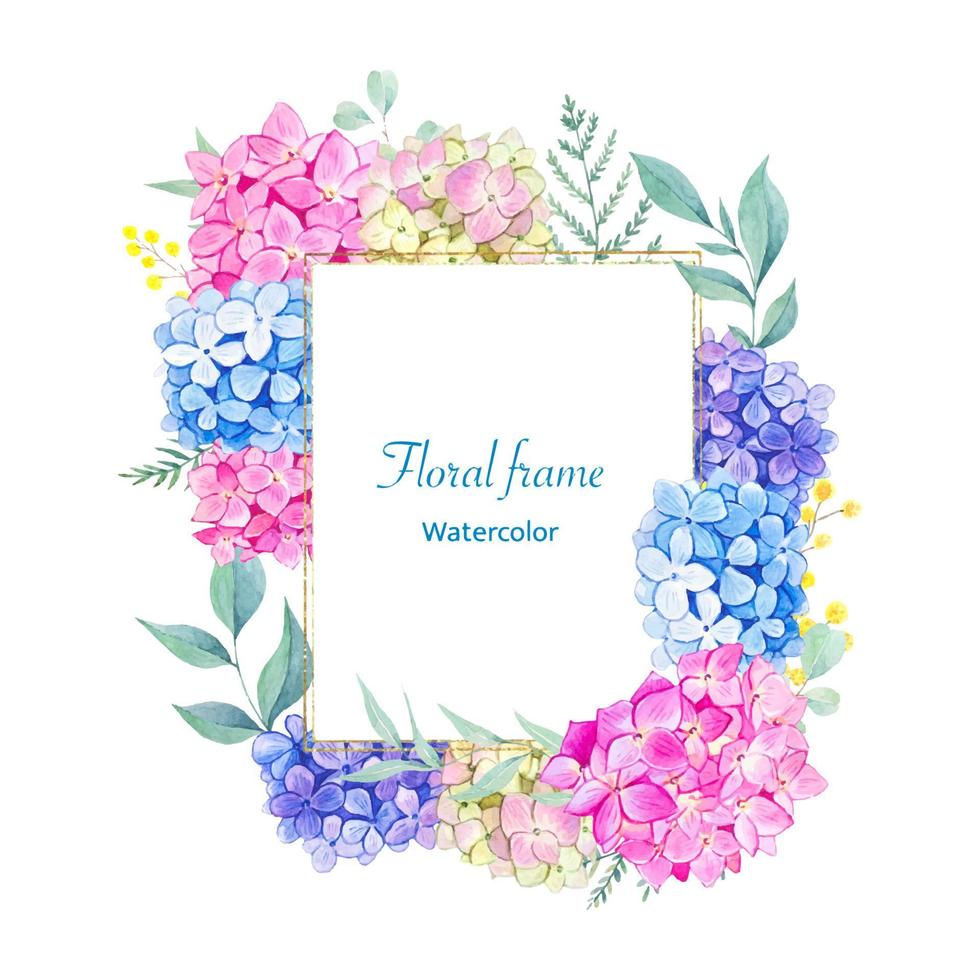 Floral frame with colorful hydrangeas, watercolor vector