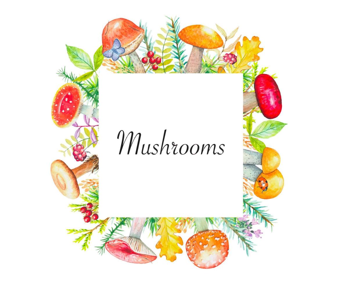 Autumn frame with mushrooms, grass and berries. Watercolor vector