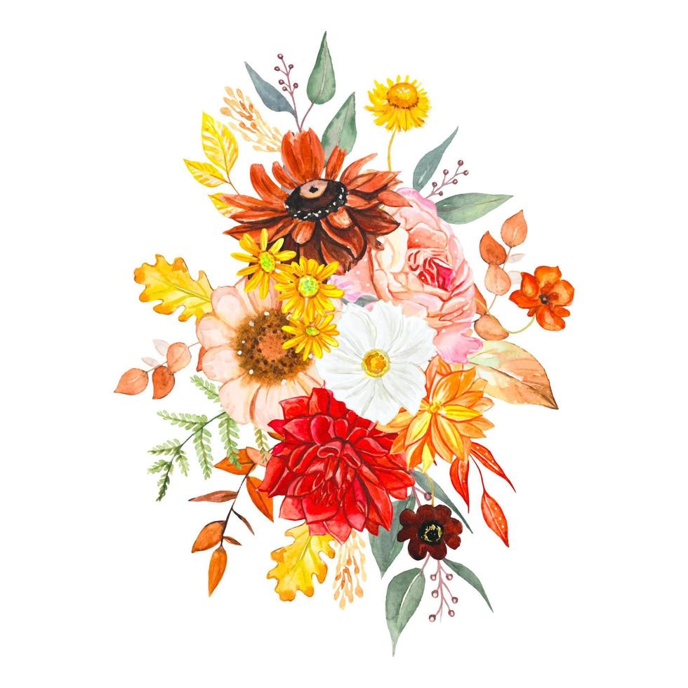 Beautiful botanical arrangement with fall flowers and leaves vector