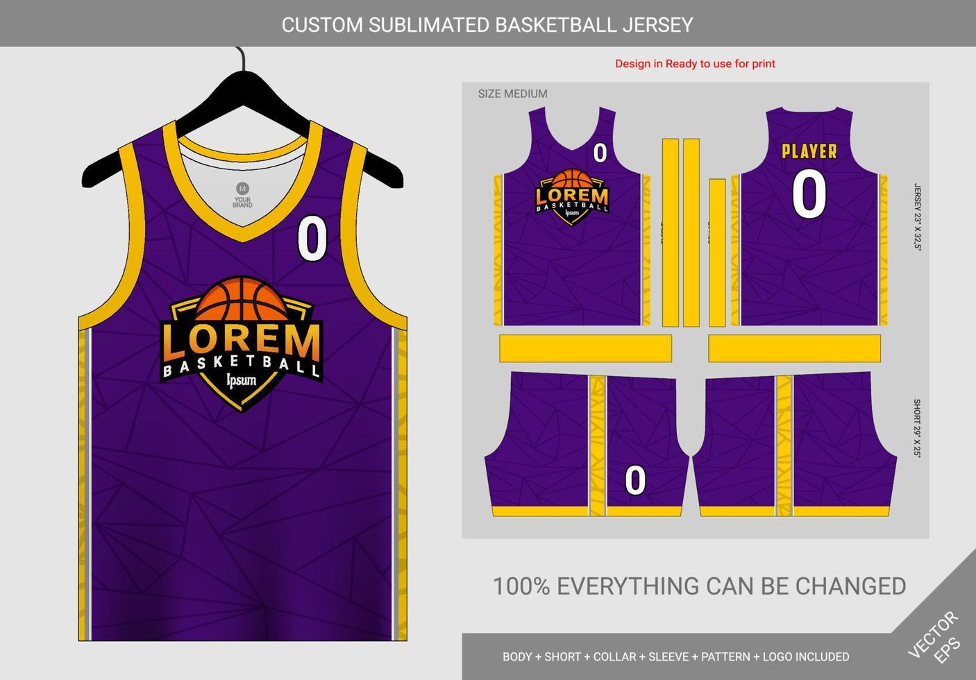 plantilla de camiseta de baloncesto polígono morado y amarillo vector