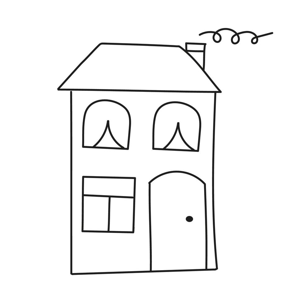 Cute house in style of doodle on white background. Vector isolated image for website or clipart design