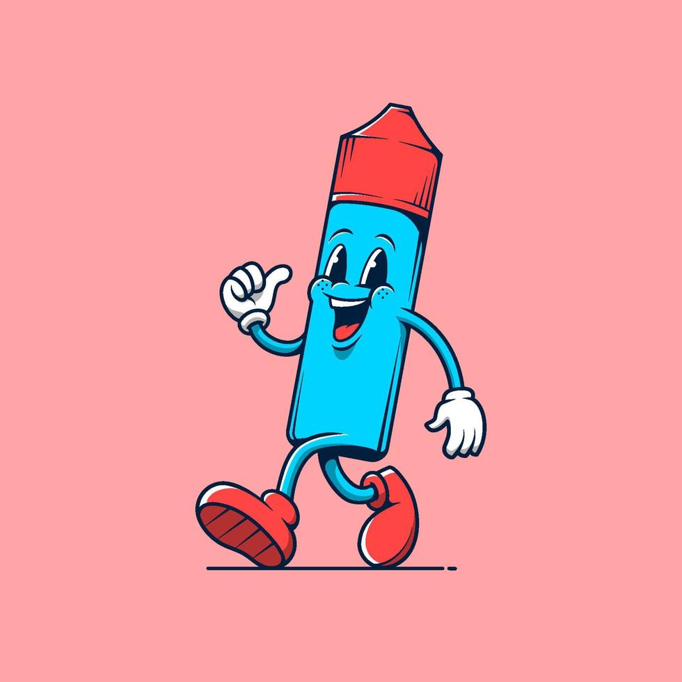 mascota de la tienda vape cómica azul caminando. ilustración de logotipo de dibujos animados retro vintage. vector