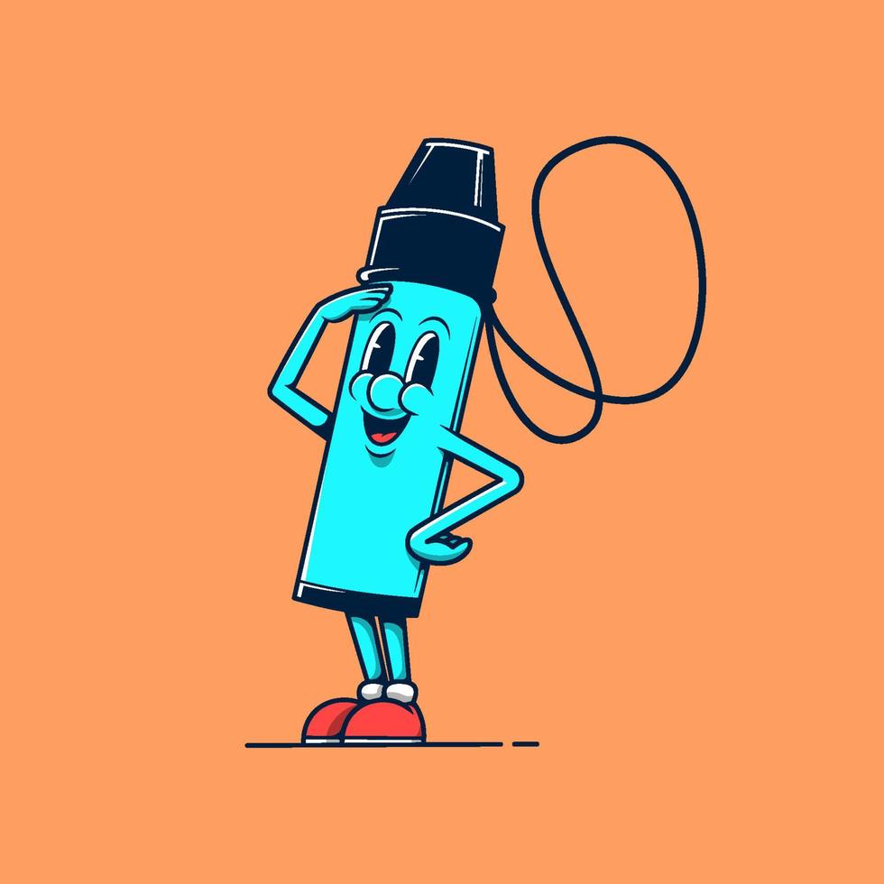 Blue vaping device store mascot walking. Retro vintage cartoon logo illustration. vector