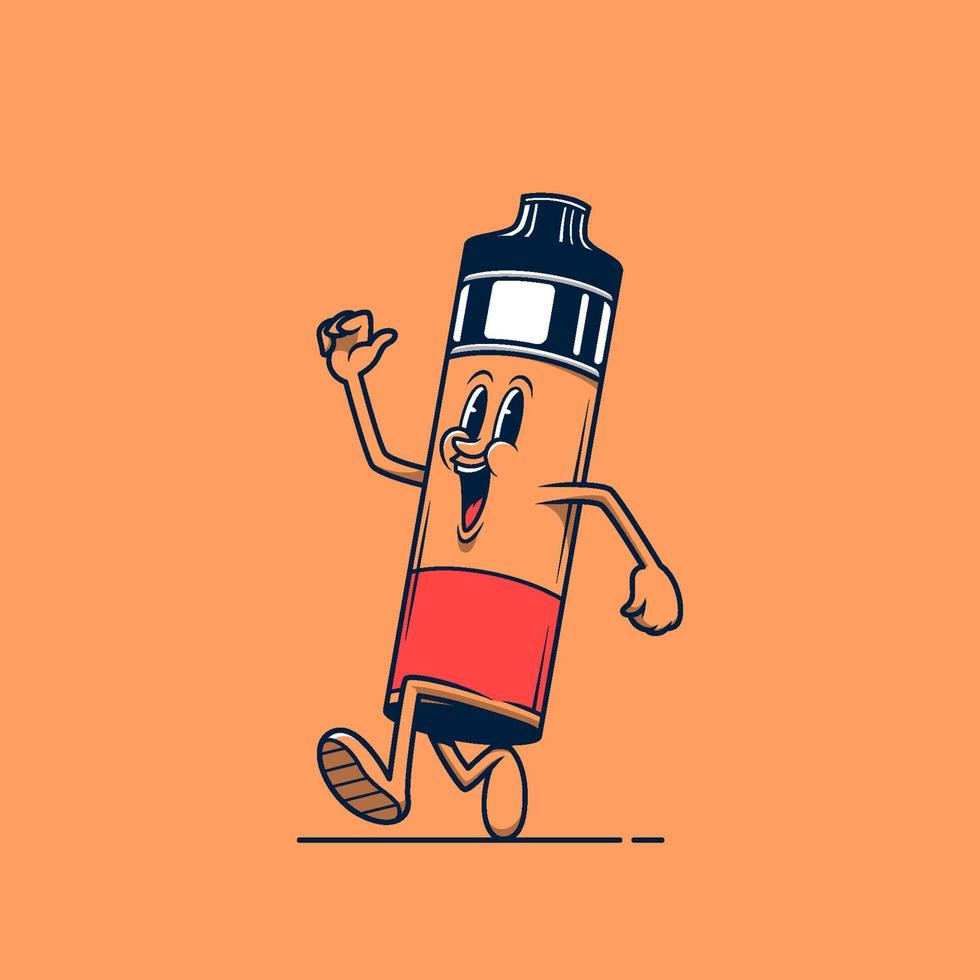 Orange vaping device store mascot walking. Retro vintage cartoon logo illustration. vector