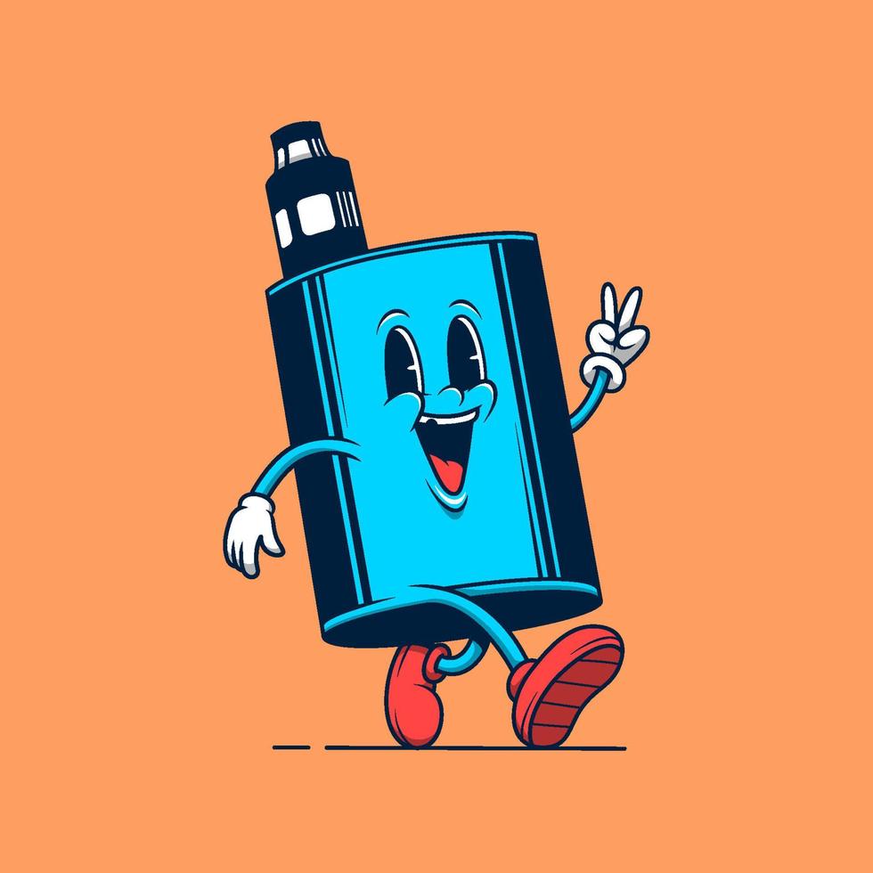 mascota del dispositivo de vapeo azul caminando. ilustración de logotipo de dibujos animados retro vintage. vector