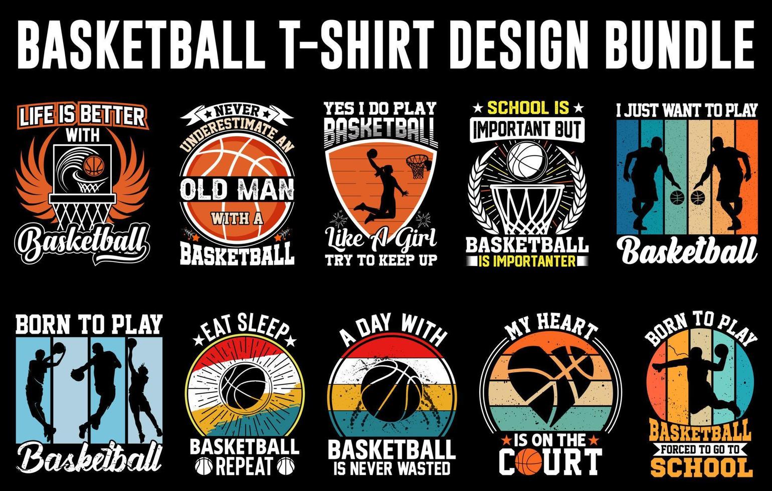 Basketball t shirt design bundle, Basketball Custom graphic t-shirt set, Basketball game vector, basketball player silhouette vector