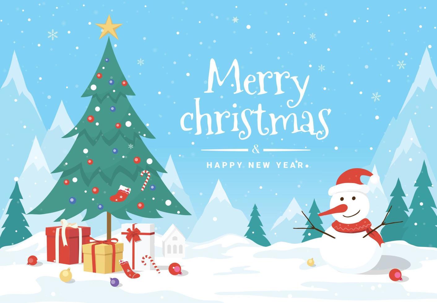 Vector illustration with snowman and gift boxes of the Merry Christmas and Happy New Year