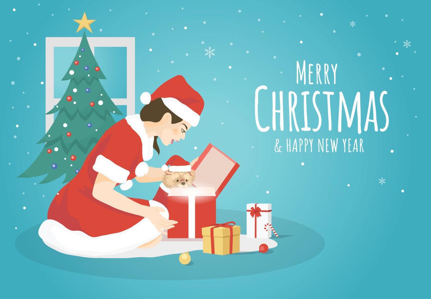 Vector illustration with A beautiful woman and dog in Santa Claus costume opening gift boxes of the Merry Christmas and Happy New Year