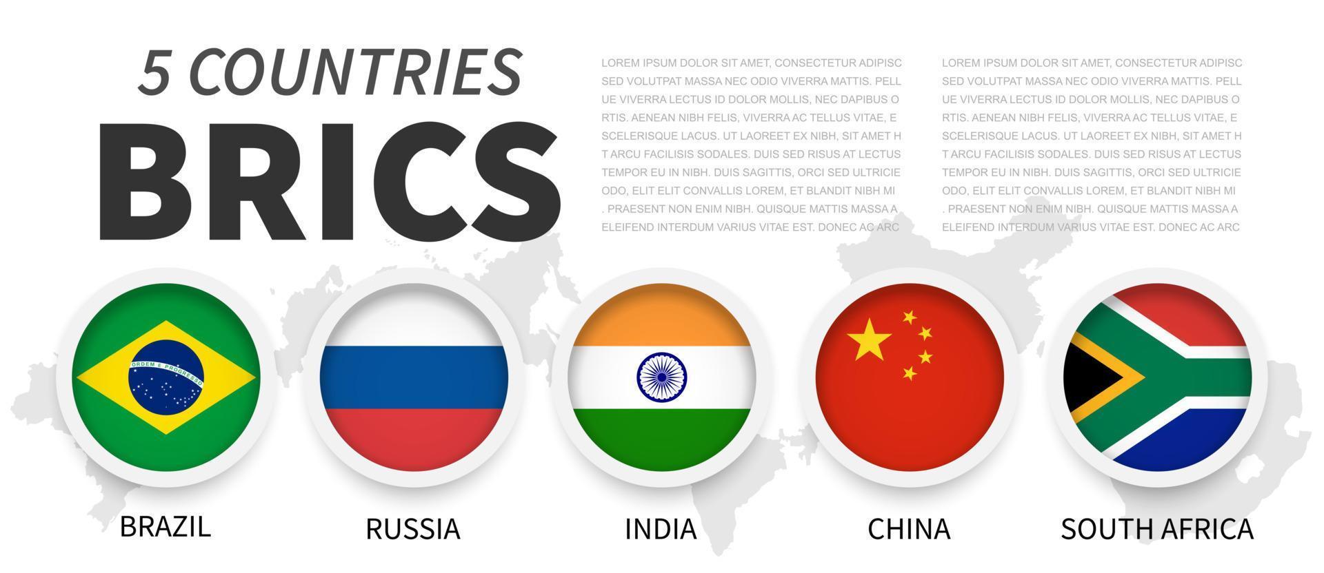 BRICS . Association of 5 countries . Simple circle flag with frame . White isolated background and country map . Vector .