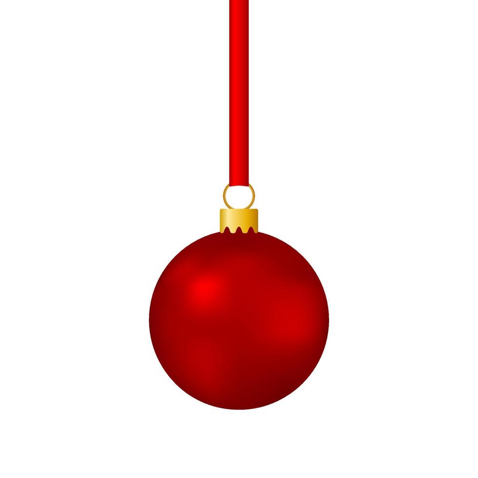 Red christmas ball on ribbon . Vector illustration