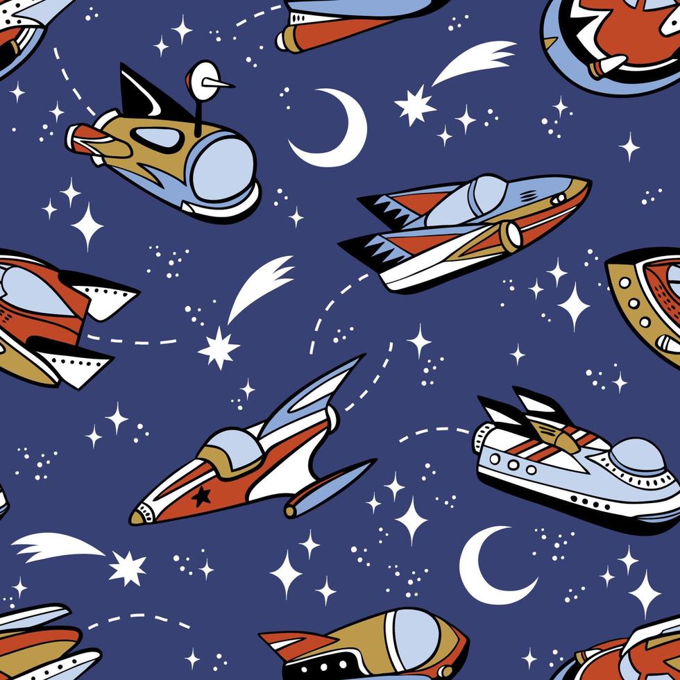 Hand drawn retro space crafts seamless pattern. Perfect for textile, wallpaper or print design. vector