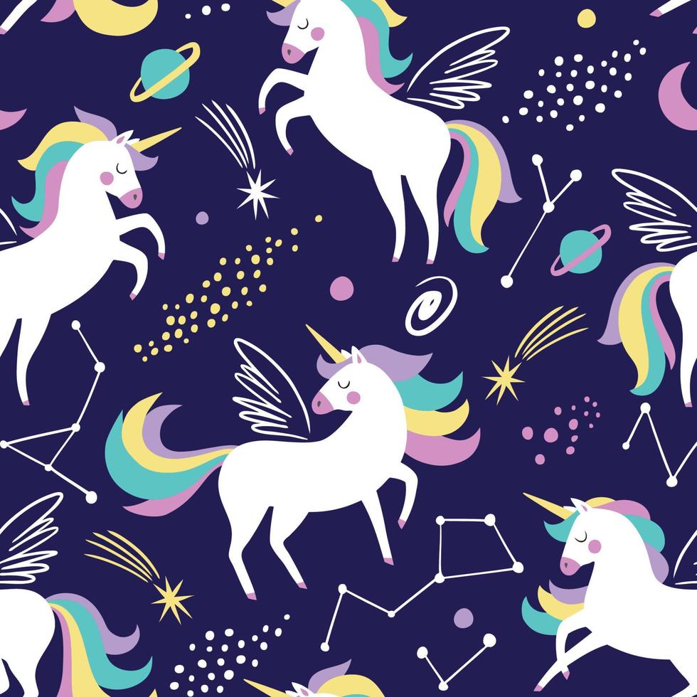 Hand drawn seamless pattern with cute unicorns, stars and planets. vector