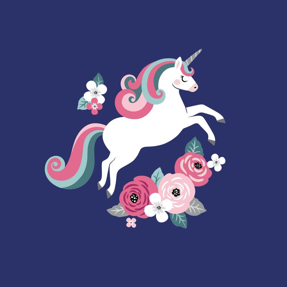 Cute unicorn with vintage flowers on dark blue background. Perfect for tee shirt logo, greeting card, poster, invitation or print nursery design. vector