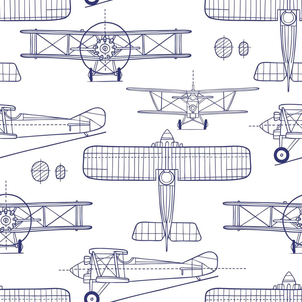 plano de avión vintage dibujado a mano. patrón sin costuras perfecto para el diseño textil, de papel pintado o de impresión. vector