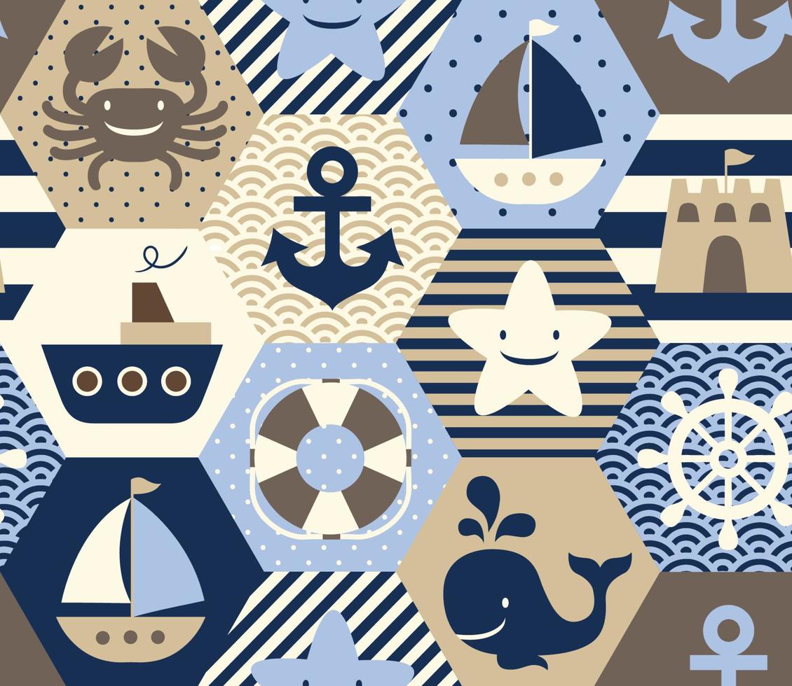 Seamless pattern with nautical theme and aquatic animals. vector