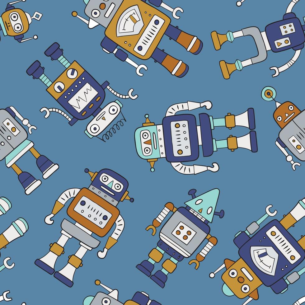 Seamless pattern with cute colourful vintage robots. Perfect for textile, wallpaper or print design. vector