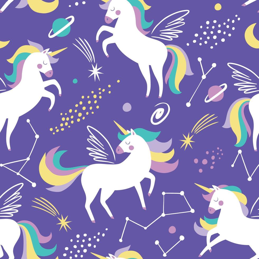 Hand drawn seamless pattern with cute unicorns, stars and planets. vector