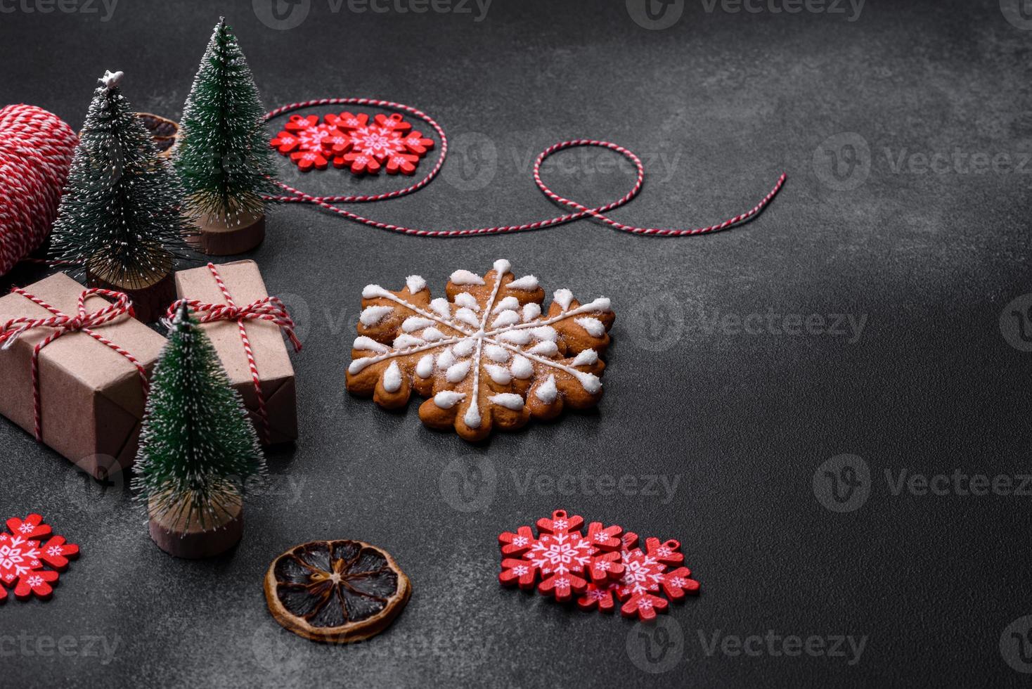 Delicious gingerbread cookies with honey, ginger and cinnamon. Winter composition photo