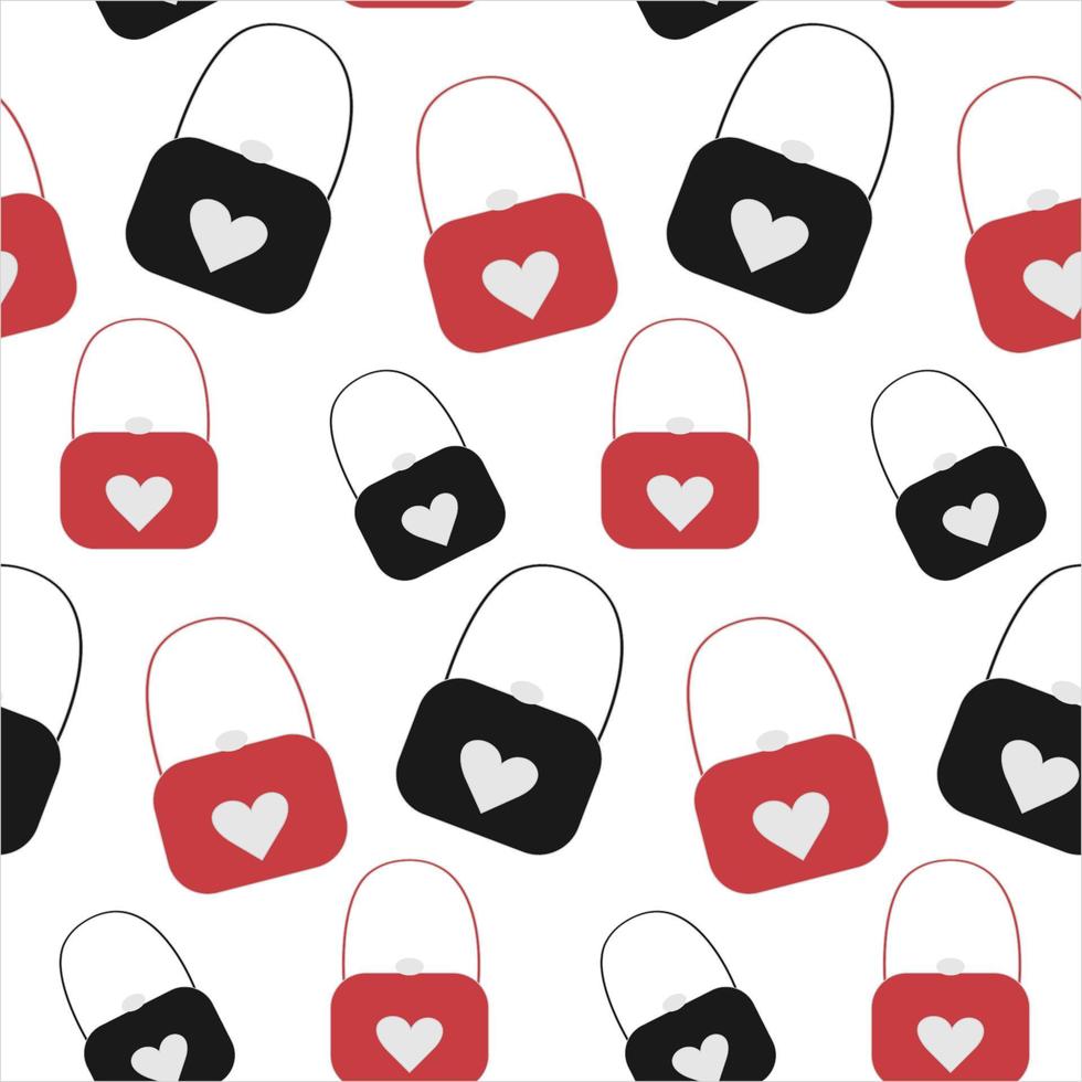 Seamless endless pattern with womens stylized handbag in black and red tints. Vector repeat texture