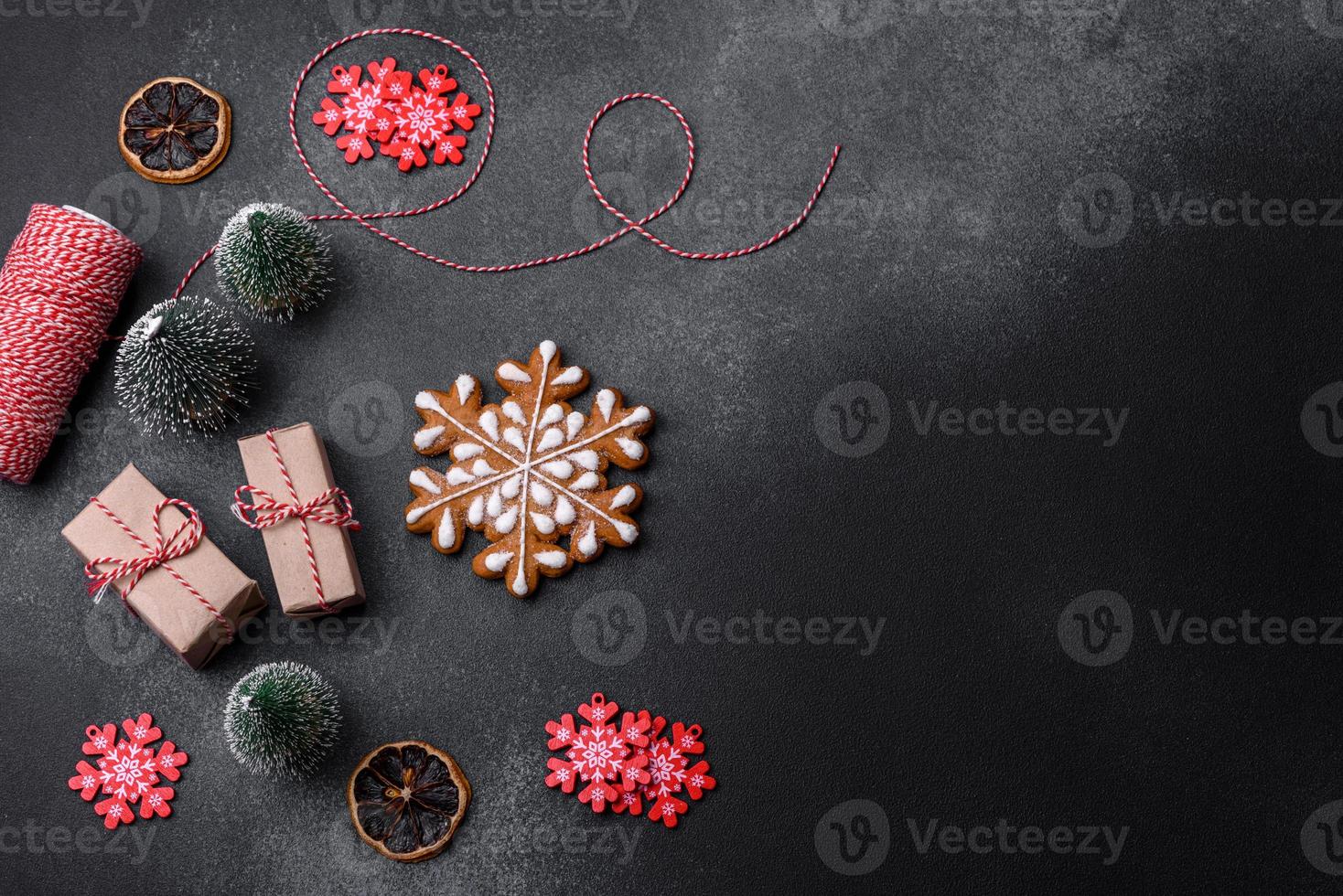 Delicious gingerbread cookies with honey, ginger and cinnamon. Winter composition photo