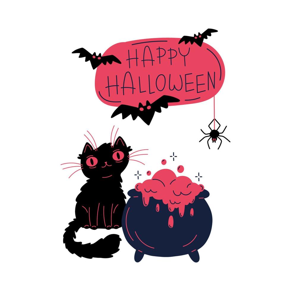 Happy halloween greeting card with cat, bats, spider and witch cauldron vector. vector