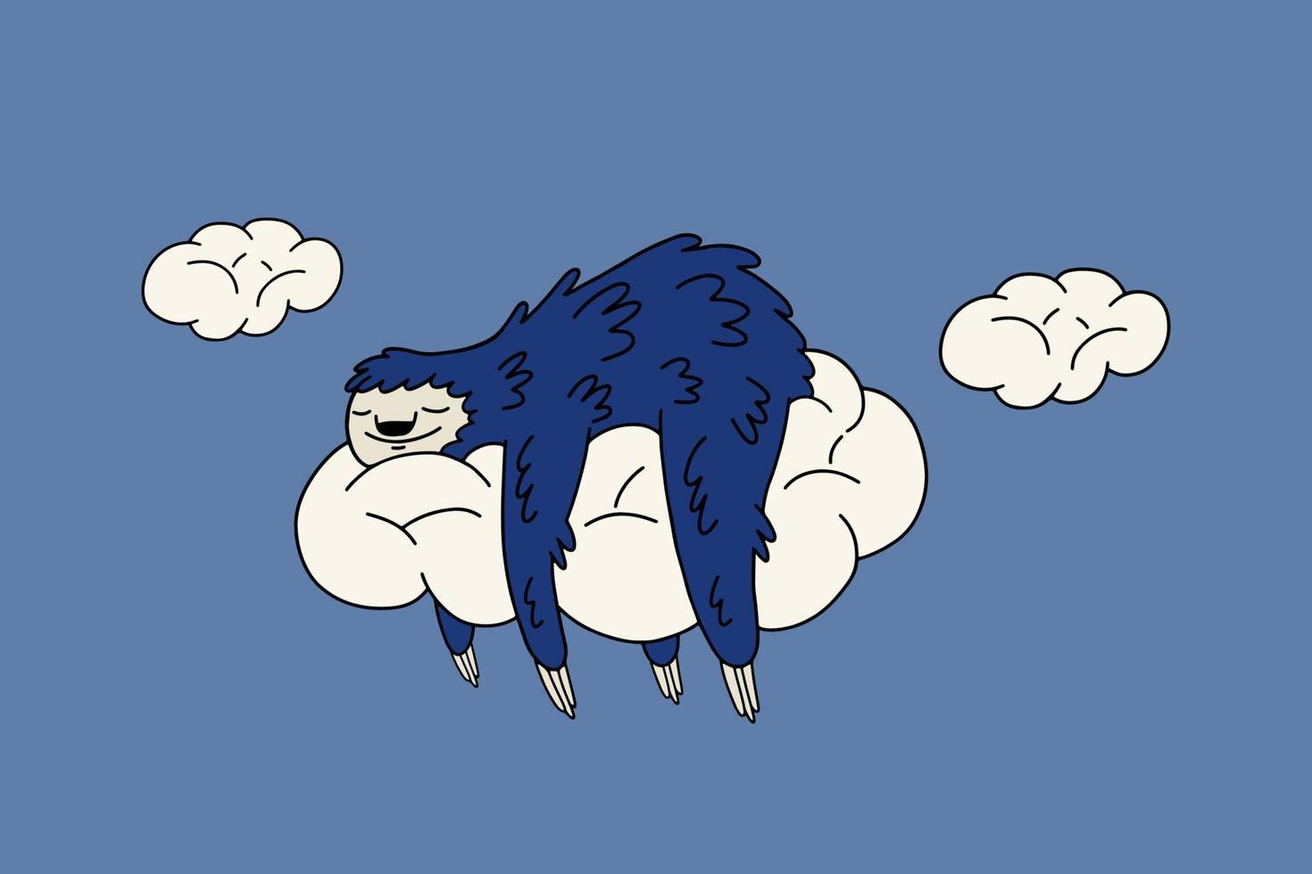 Cute cartoon sloth sleeping on a white cloud in the blue sky. Vector illustration.
