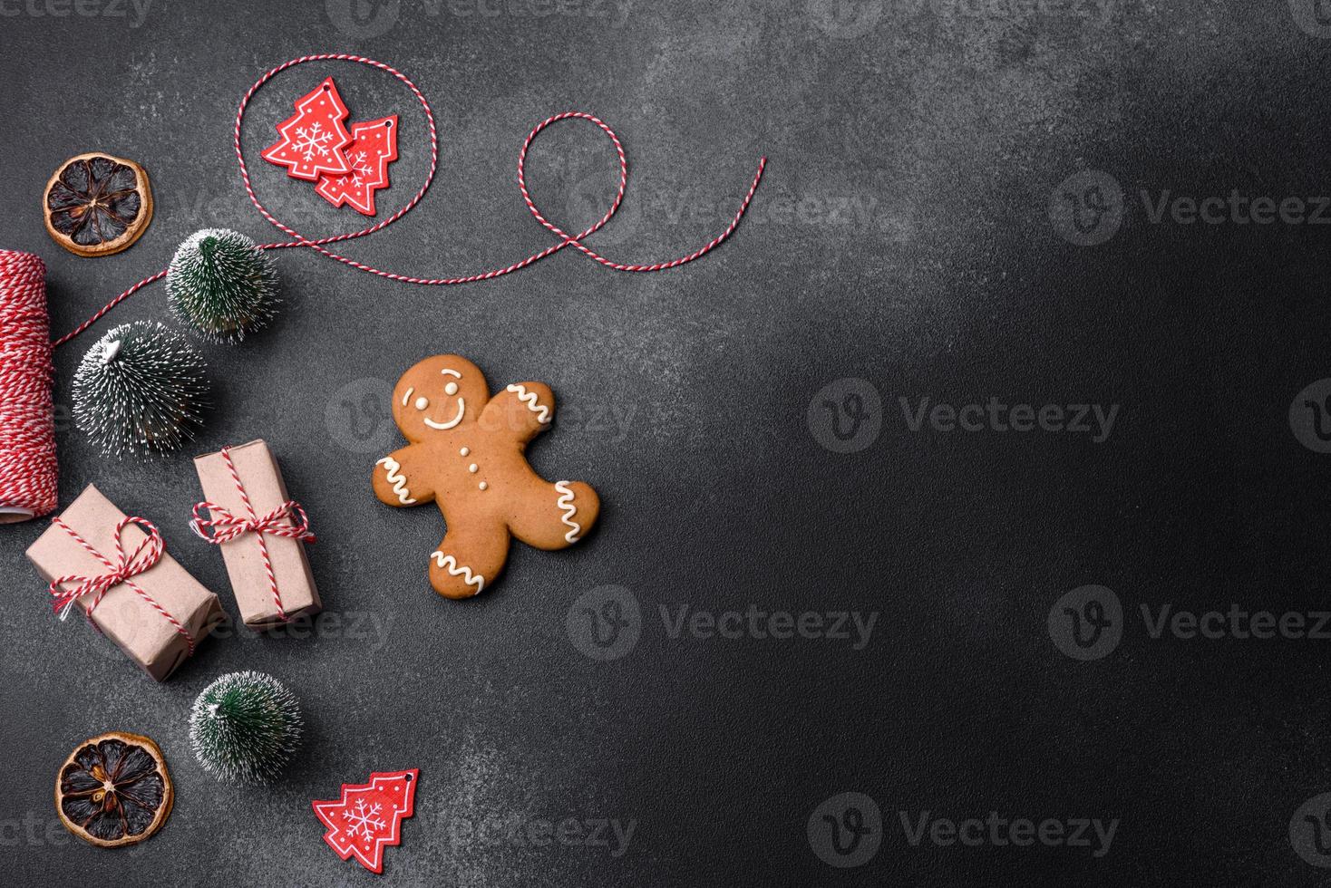 Delicious gingerbread cookies with honey, ginger and cinnamon. Winter composition photo