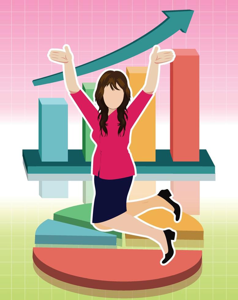 Businesswoman jumping with business graphs background vector