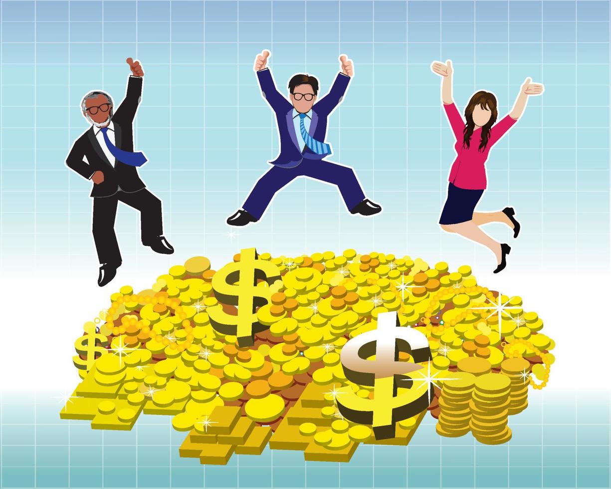 Businessman and Businesswoman jumping with gold coin and bullion vector