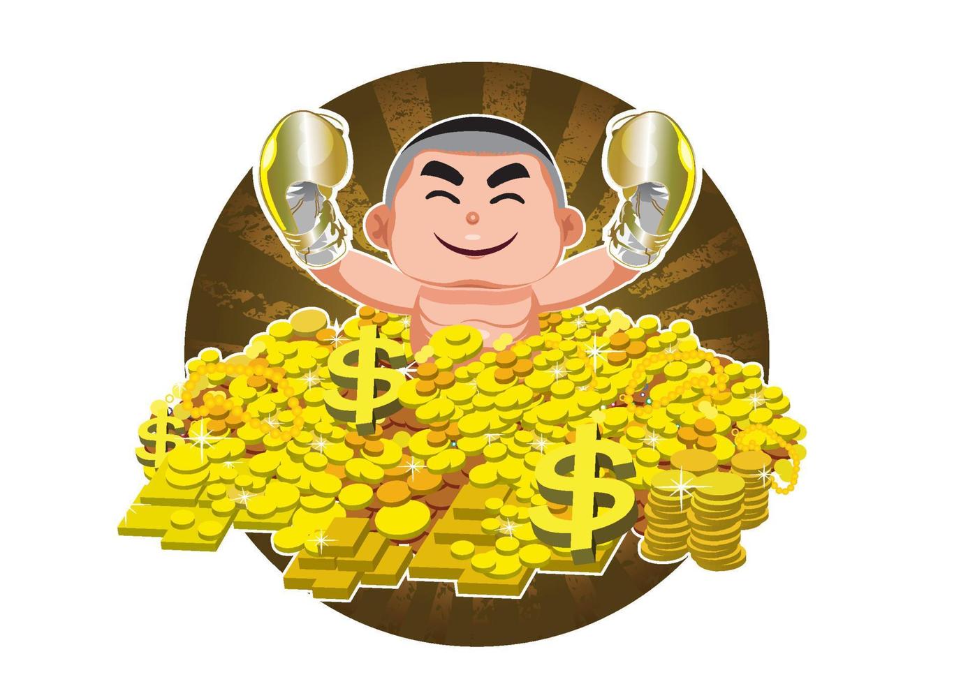 Illustration for rich and successful man on pile of gold vector