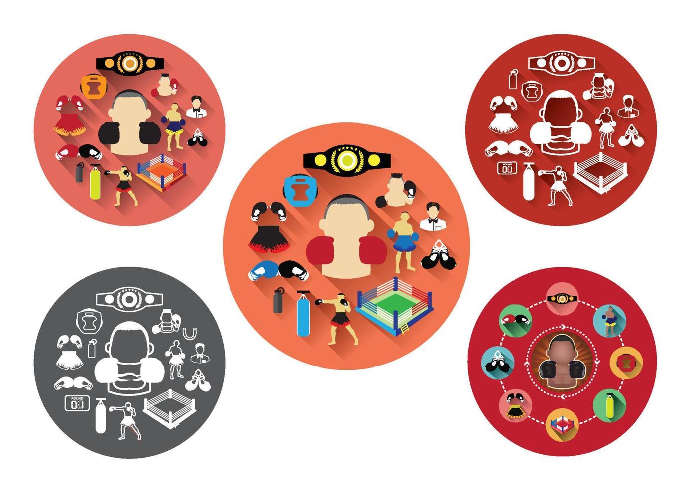 Five Group of flat boxing icons set with long shadow effect vector