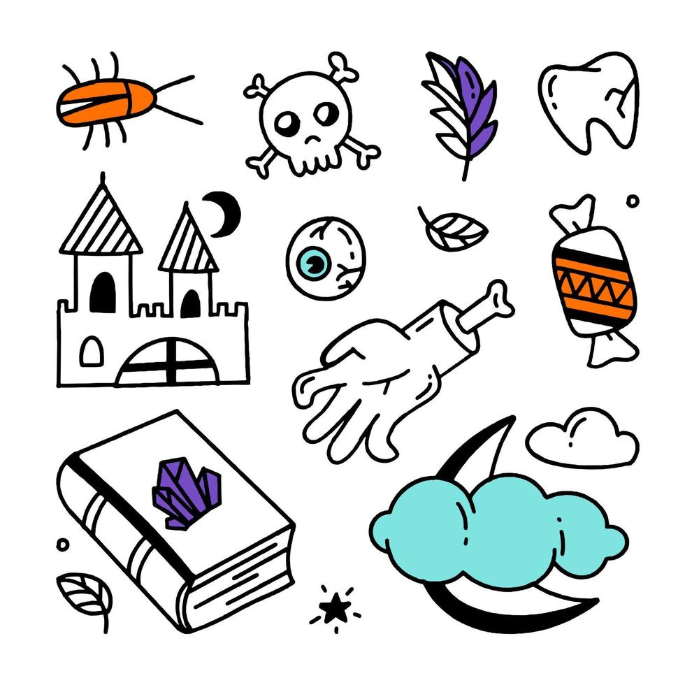 Set of Halloween elements Doodle style vector design illustration Isolated on white background