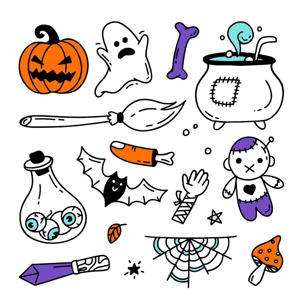 Set of Halloween elements Doodle style vector design illustration Isolated on white background