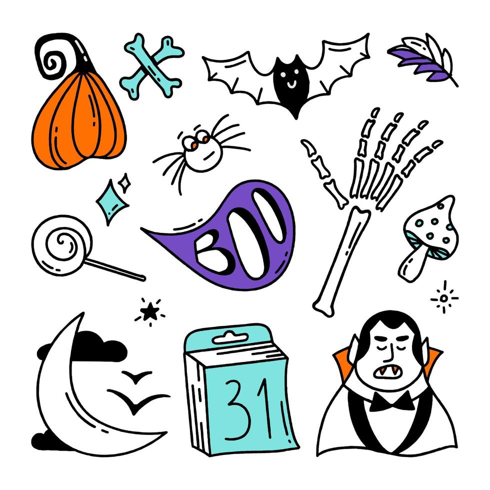 Set of Halloween elements Doodle style vector design illustration Isolated on white background