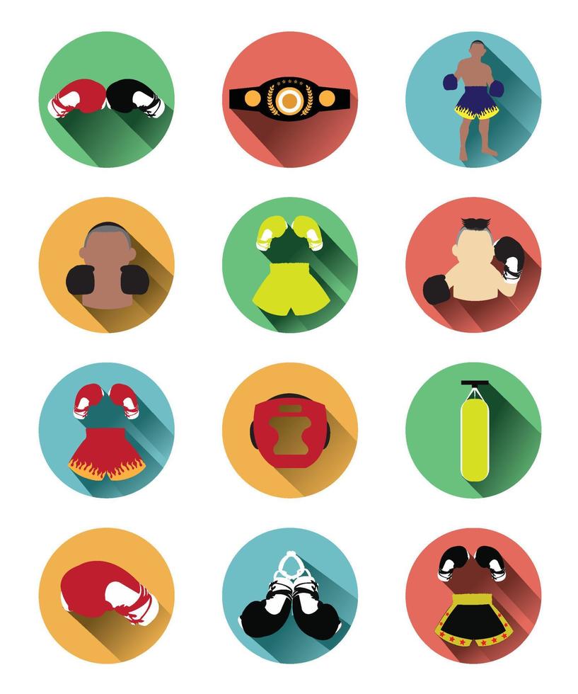 Modern color of boxing icons set with long shadow effect vector