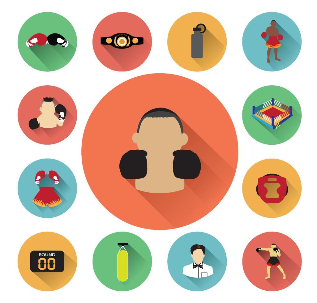 Illustration of flat boxing icons set on flat color background vector