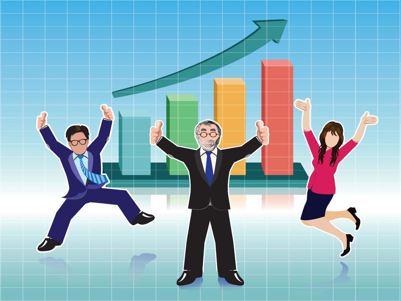 Businessman and Businesswoman jumping with business graphs background vector