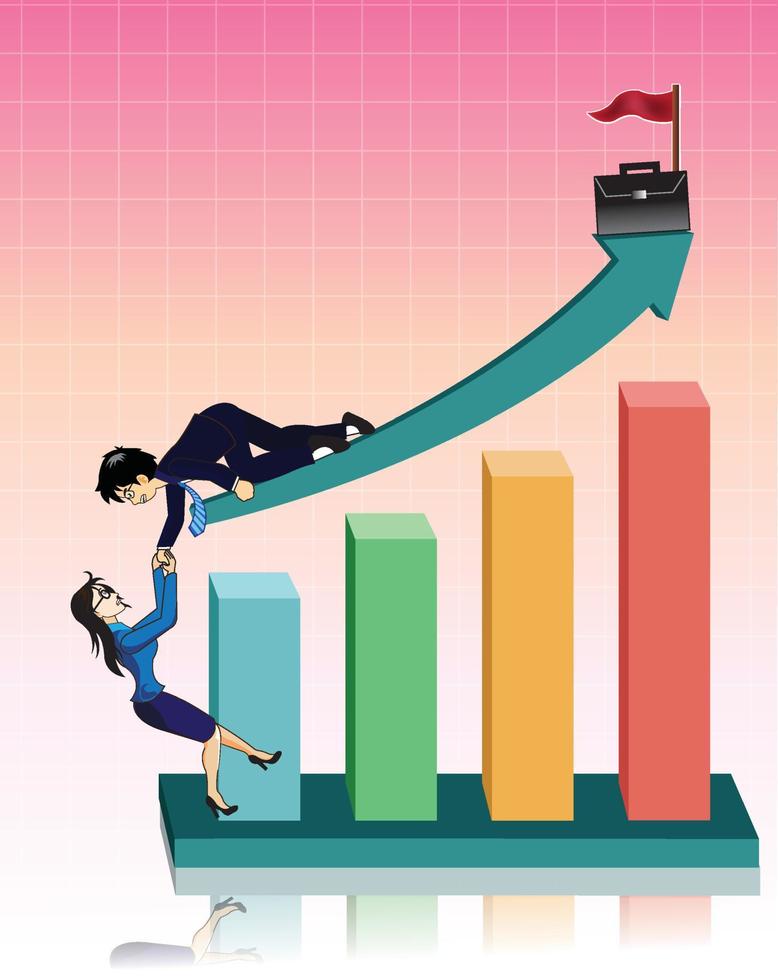 Businessman giving hand to help businesswoman up to on graph vector