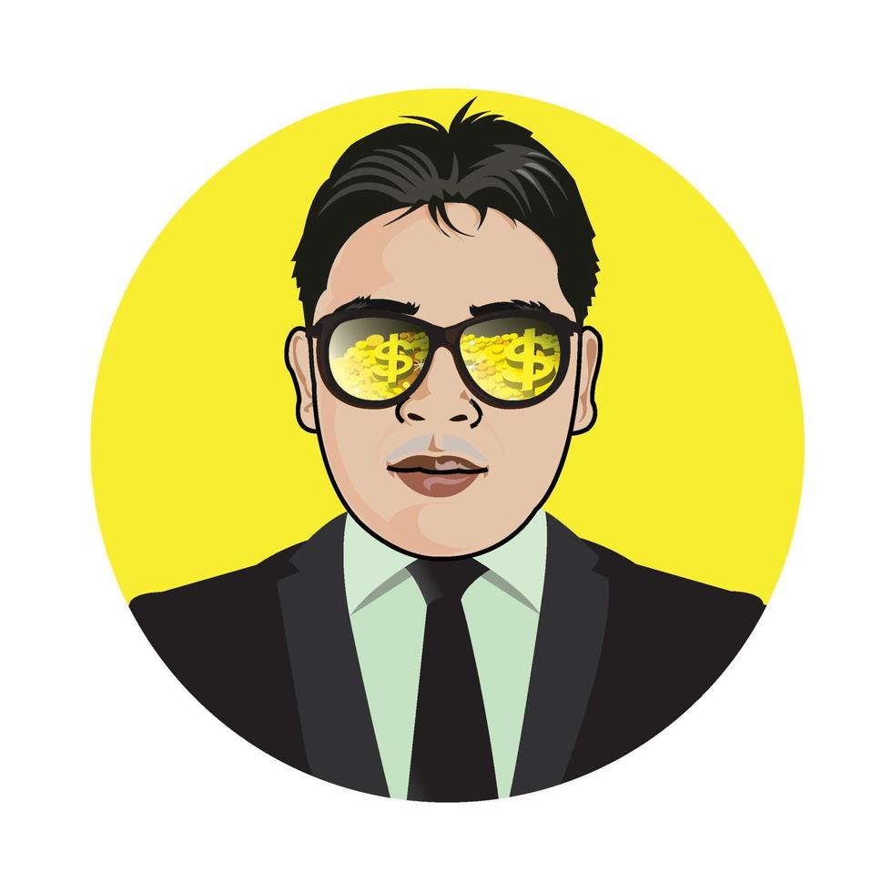 ilustración de un hombre de negocios con gafas, monedas de oro visibles y lingotes vector