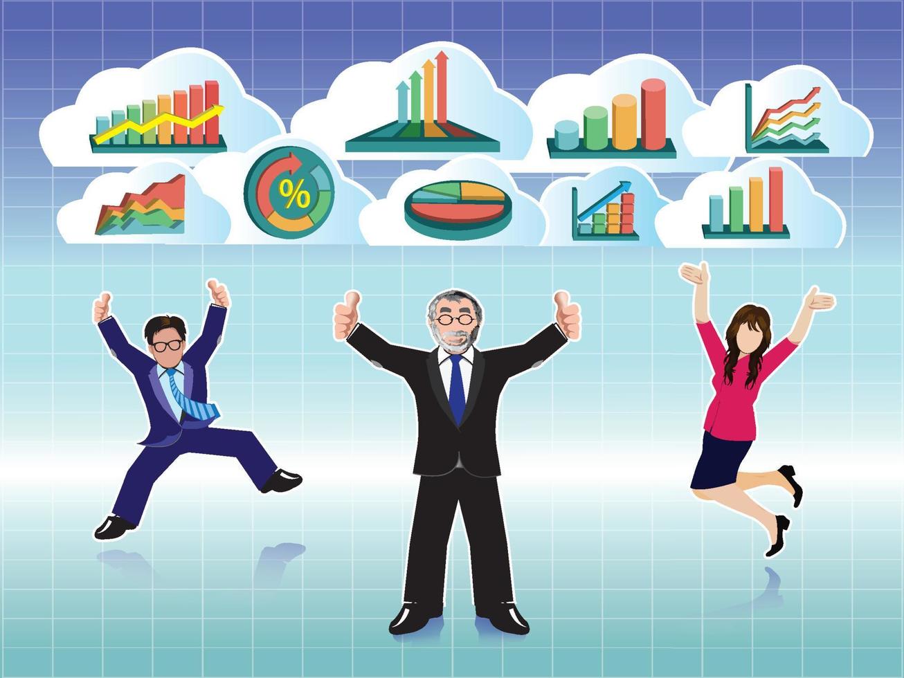 hombre de negocios y mujer de negocios saltando con un conjunto de nubes de gráficos de negocios vector