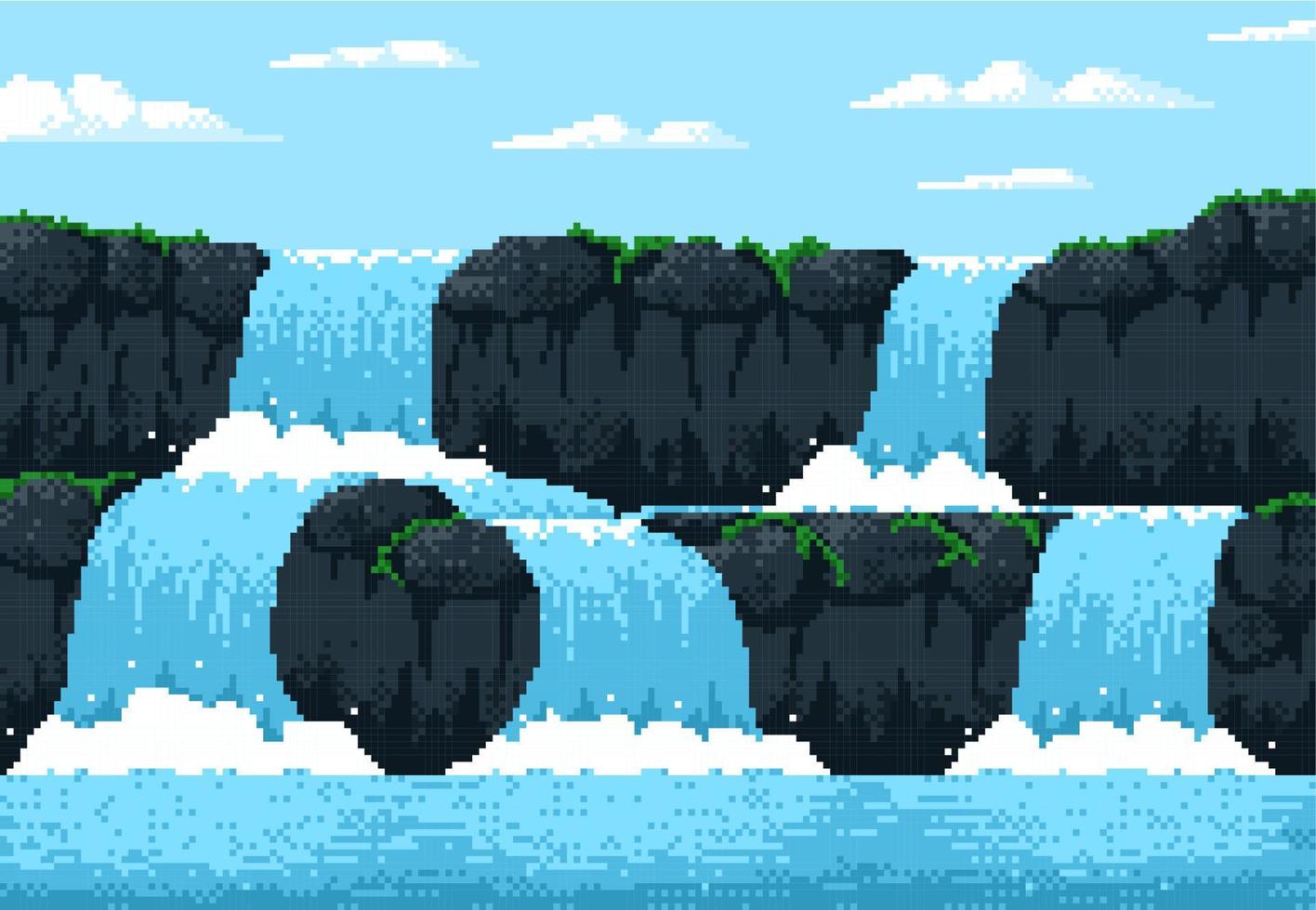 Paisaje de cascada de cascada de juego de píxeles de 8 bits, roca vector