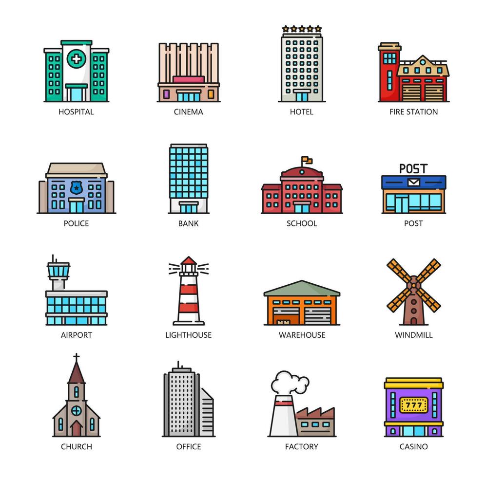 City architecture buildings color outline icons vector
