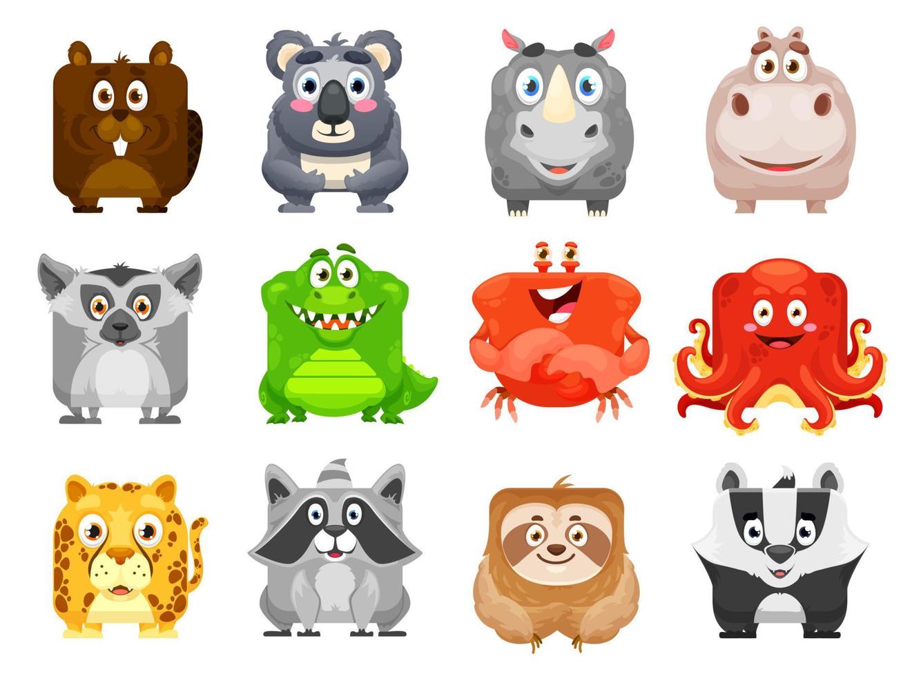 Cartoon kawaii square animal faces isolated set vector