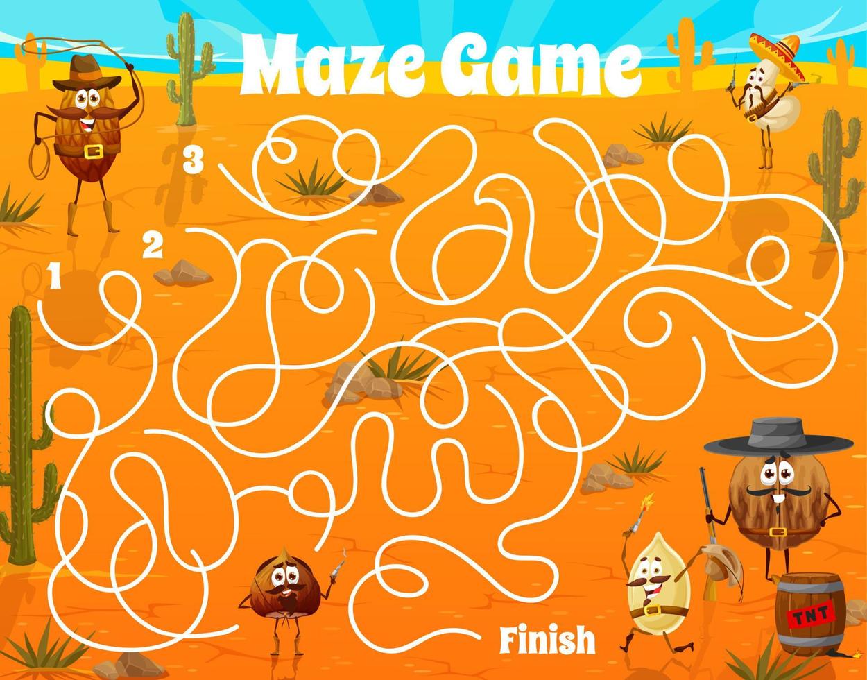 Labyrinth maze game with nut sheriff, cowboys vector