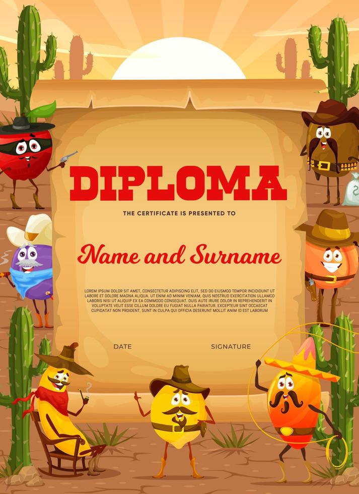 diploma de niños. vaquero de frutas del salvaje oeste y sheriffs vector